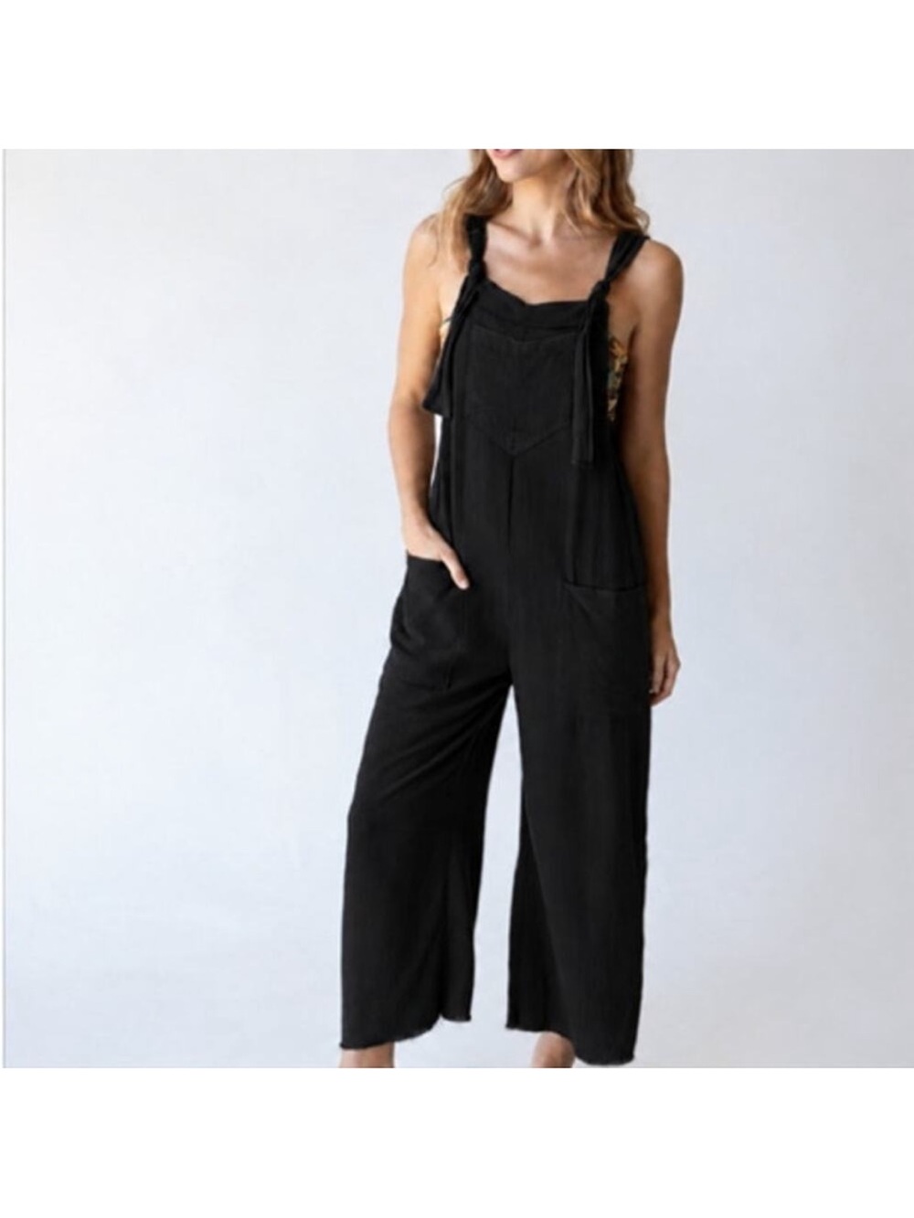 Natural Life Jumper Bib Wide Leg Tied Shoulder Overalls Black Women's Small